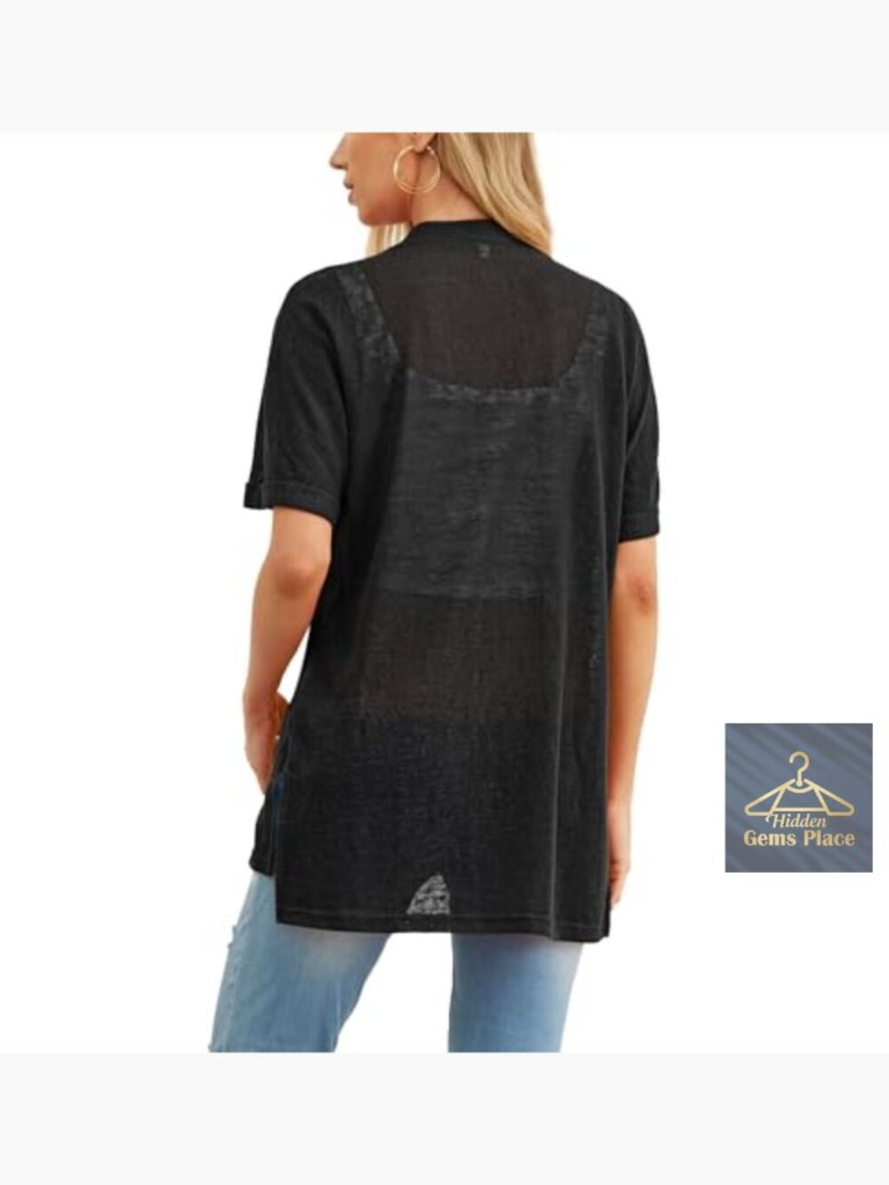 Lightweight Knit Cardigan with Pockets Short Sleeve Sheer Cover Up - Picture 7 of 7